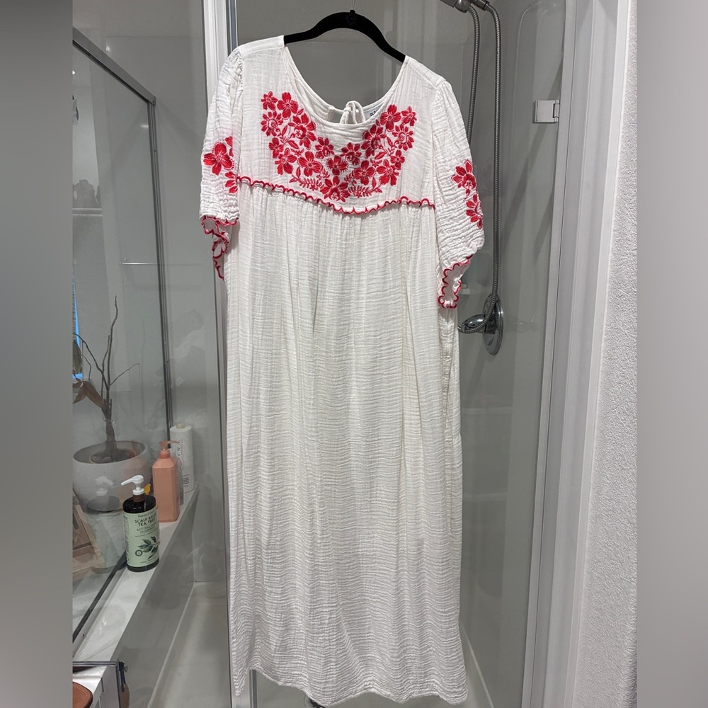 Old Navy White Maxi Dress with Red Floral Embroidery